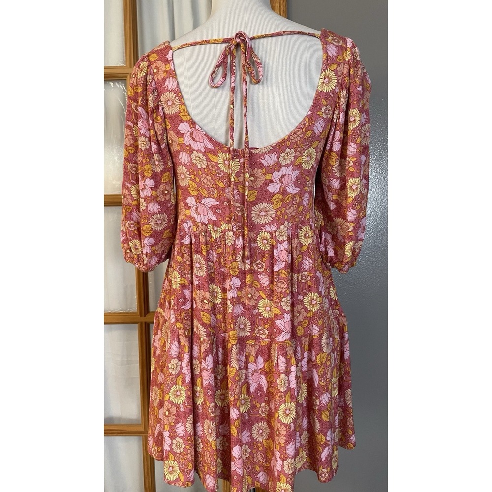 Babydoll Tiered Floral Mini Dress Sz M Orange Yellow Balloon Sleeve Beach Boho - Picture 5 of 13